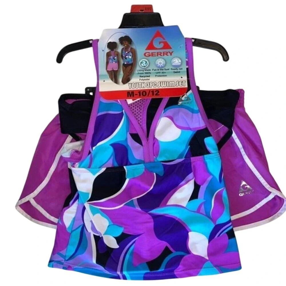 Gerry Girls Youth 3 Piece Swim Set Girls‎ Medium 10/12 New